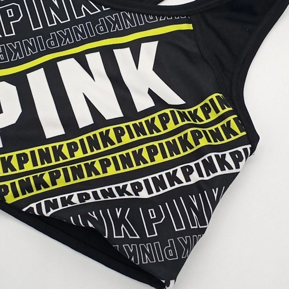PINK Victoria's Secret Ultimate Unlined Logo Print Sports Bra Black Yellow S